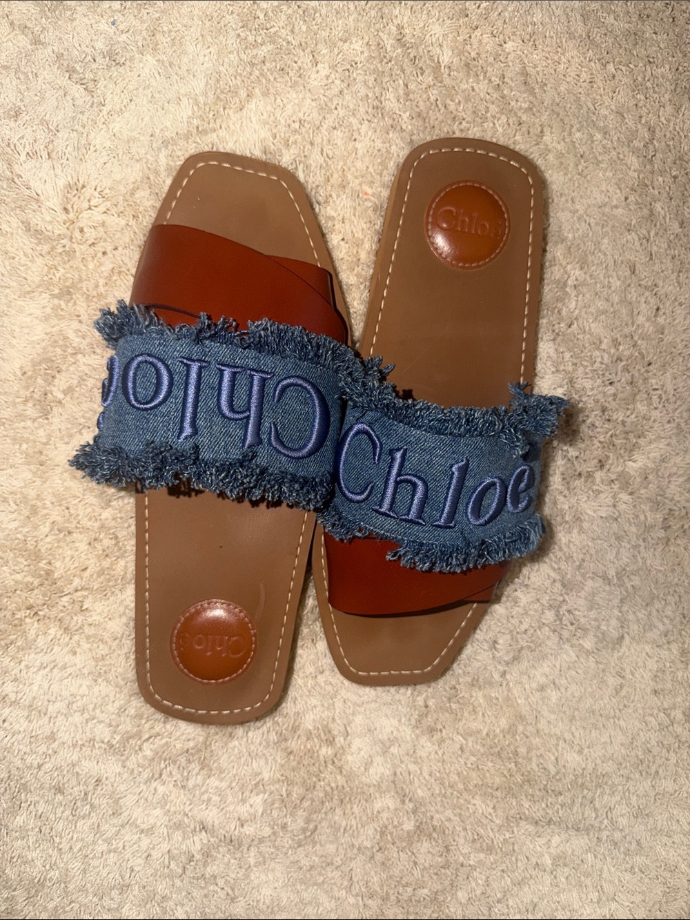 Chloe Denim Logo & Brown Leather Slide Sandals